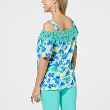 Nina Leonard Printed Cold-Shoulder Top