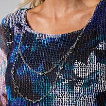 Nina Leonard Printed Mesh Knit Sequin Top with Detachable Necklace