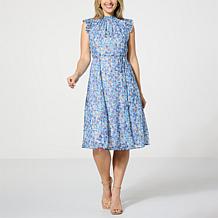 Nina Leonard Printed Smock Neck Midi Dress