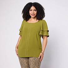Nina Leonard Round Neck Double Flutter Sleeve Top
