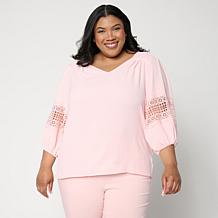 Nina Leonard Textured Wave Balloon Sleeve V-Neck Top