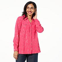 Nina Leonard Textured Wave Foil Print Button Down Top