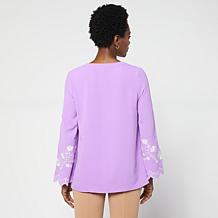 Nina Leonard Textured Wave Knit Embroidered Bell-Sleeve Top