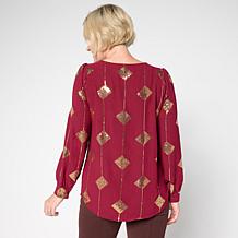 Nina Leonard Textured Wave Sequined Balloon Sleeve Top