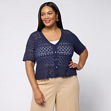 Nina Leonard V-Neck Button-Front Crochet Bolero