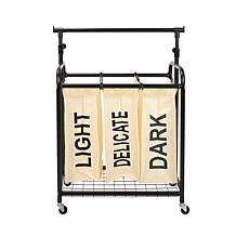 Oceanstar 3 Bag Rolling Laundry Sorter Adjustable Hanging Bar White