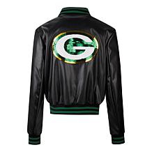 Officially Licensed NFL Sequin Logo Faux Leather Bomber Jacket