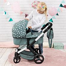 Pram XEO Doll Stroller in Green & White, Adjustable Handle