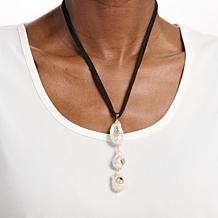 Rarities 36" Blue Topaz and Cultured Pearl Black Suede Lariat Neckl...