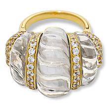 Rarities Gold-Plated Carved Rock Crystal Quartz and White Zircon Ring