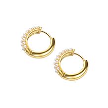 Stately Steel Half Small Faux Pearl Hoop Earrings