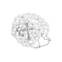 Stately Steel Pearl Heart Cross Rosary Necklace