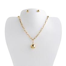 Stately Steel Polished Ball Oval Link Chain Necklace and Earring Set
