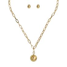 Stately Steel Polished Ball Oval Link Chain Necklace and Earring Set