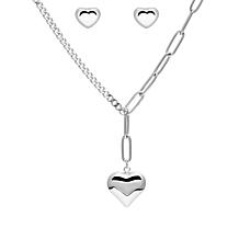 Stately Steel Puffy Heart Lariat Necklace and Earring Set