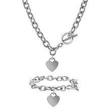 Stately Steel Rolo Chain Heart Drop Necklace and Bracelet Set
