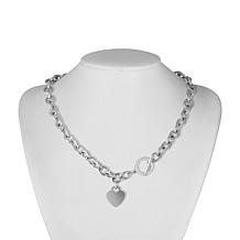 Stately Steel Rolo Chain Heart Drop Necklace and Bracelet Set