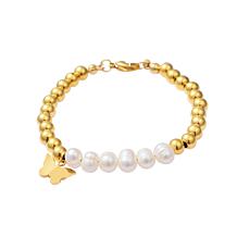 Stately Steel Simulated Pearl Beaded Butterfly Drop 7" Bracelet