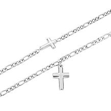 Stately Steel Stainless Steel Figaro Chain Cross Necklace and Bracelet
