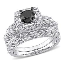 Sterling Silver 1.15ctw Black and White Diamond Bridal Ring 2pc Set