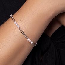 Sterling Silver 4-4.5mm Cultured Pearl Paperclip Chain 7" Bracelet
