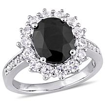 Sterling Silver Black Sapphire and Created White Sapphire Halo Ring
