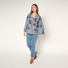 TWRHLL by Christie Brinkley Floral Applique Long Sleeve Split Neck Top