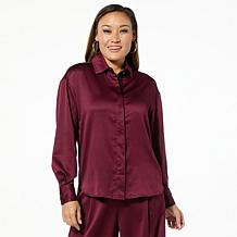 TWRHLL by Christie Brinkley Relaxed Satin Button-Down Top