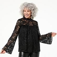 TWRHLL by Christie Brinkley Sequined Lace Bell Sleeve Blouse
