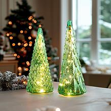 Winter Lane 2-piece Set Twinkle Effect Glass Trees with 6-Hour Timer