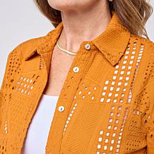 WynneCollection 3/4-Sleeve Pointelle Patchwork Shirt