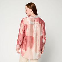 WynneCollection Printed Woven Long-Sleeve Collared Shirt