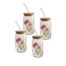 10 Strawberry Street Retro Boo Glass Tumbler, Straw & Lid, Set Of 4