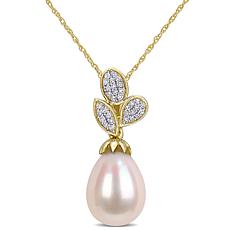 10K Gold 9-9.5mm Cultured Freshwater Pearl Diamond Leaf Pendant