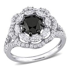 10K White Gold Created Moissanite and Black Diamond Floral Ring