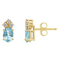 14K Gold 6x4mm Oval-Cut Aquamarine and 3-stone Diamond Stud Earrings
