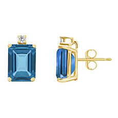 14K Gold 8x6mm Emerald-Cut London Blue Topaz and Diamond Stud Earrings