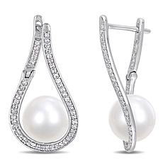 14K Gold 9-9.5mm Cultured Freshwater Pearl Diamond Teardrop Earrings