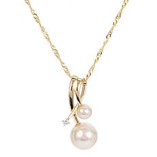 14K Gold Double Cultured Freshwater Pearl and Diamond Pendant 