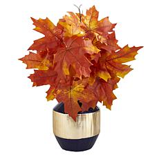 18 in. Autumn Maple Leaf Artificial Plant in Blue and Gold Planter