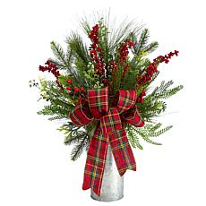 28” Holiday Winter Greenery, Berries and Plaid Bow Decoration