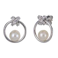6-6.5mm Cultured Pearl and Created White Sapphire Bow Hoop Earrings