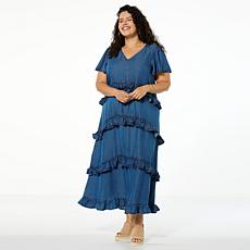 "As Is" Antthony Tiered Ruffle Denim Maxi Dress