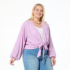 "As Is" Colleen Lopez Crochet Eyelet Knit Tie-Front Topper