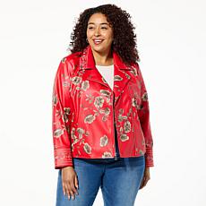 "As Is" Colleen Lopez Embroidered Faux Leather and Print Moto Jacket