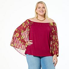 "As Is" Colleen Lopez Off Shoulder Knit Tank with Print Woven Cape