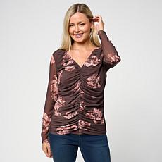 "As Is" Colleen Lopez Printed Ruched Mesh Knit Top