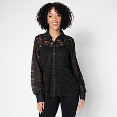 "As Is" Colleen Lopez Woven Lace Button-Front Shirt