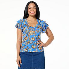 "As Is" Democracy 3-Tiered Bell Sleeve Printed Slub Knit Top