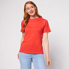 "As Is" DG2 by Diane Gilman Cotton Modal Slub Lace Inset Puff Sleev...